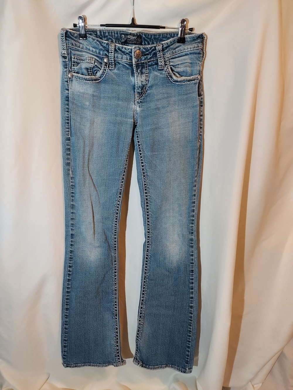 Silver Jeans Co. Aiko Mid-Rise Slim Bootcut Jeans Thick Stitch Distressed Denim